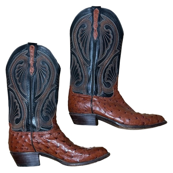 Larry Mahan Brown & Black Ostrich Cowboy Boots Men’s 9.5 EE Wide - Picture 3 of 10